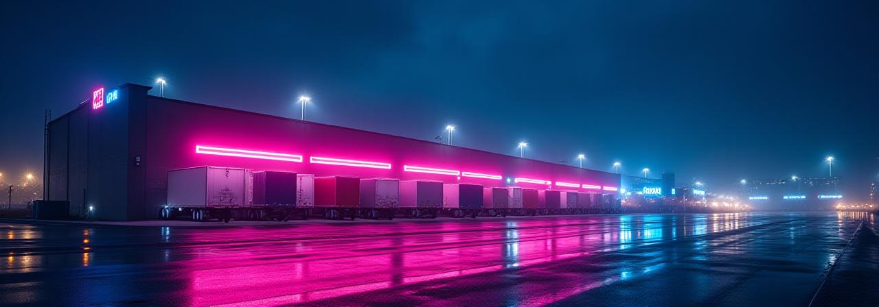 Modern logistics terminal at night
