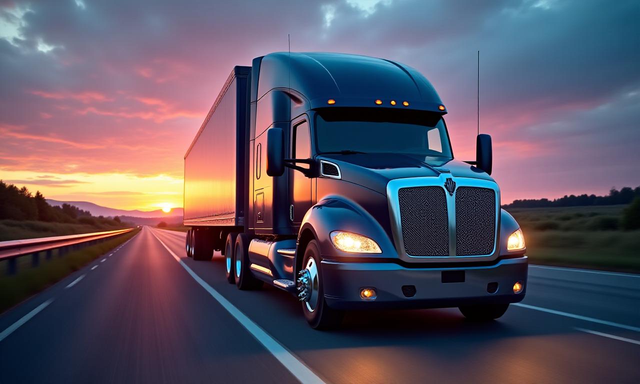 Heavy duty logistics truck at sunset