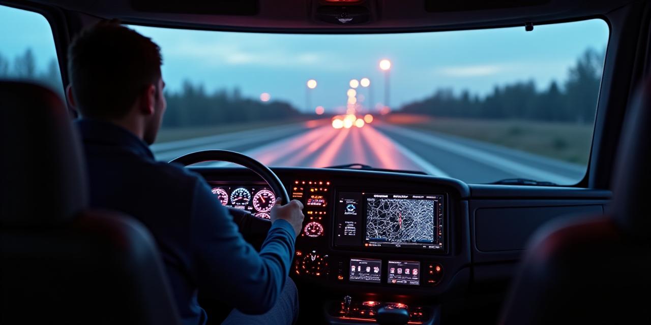 High-tech truck dashboard and road